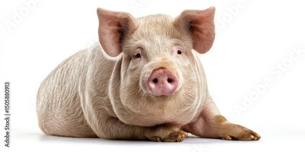 Fototapeta Adorable piglet lying down, showcasing its soft pink skin and endearing expression.