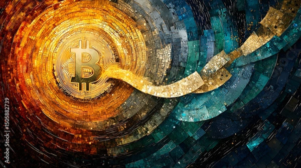 Fototapeta Golden and teal abstract design with a bitcoin symbol.