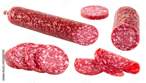 Fototapeta Set of salami stick sliced and chopped isolated on transparent background