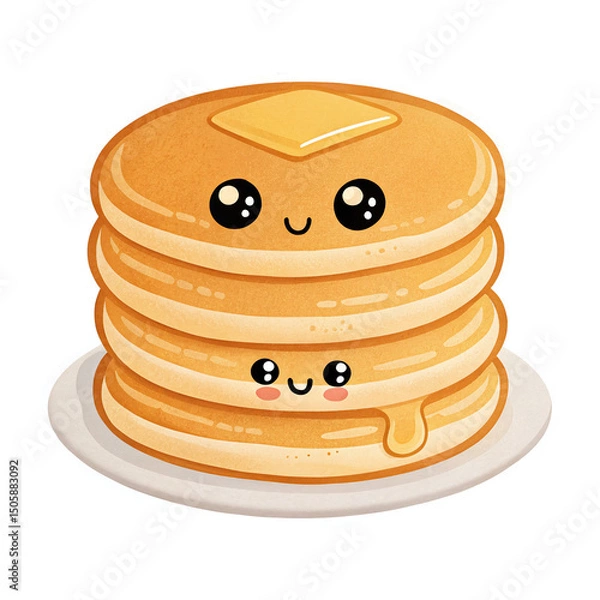 Fototapeta Cute Cartoon Pancakes Stack with Smiling Faces and Butter on Top for Fun Breakfast Designs