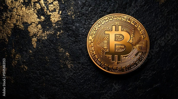 Fototapeta Golden bitcoin coin on a dark textured surface.