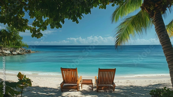 Fototapeta Tranquil beach scene with wooden loungers under a palm tree.