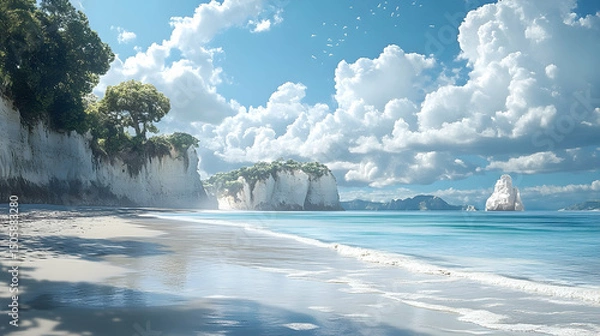 Fototapeta Serene coastal scenery with white cliffs and azure waters.