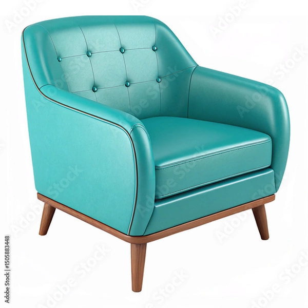 Fototapeta Modern Turquoise Accent Chair with Button Tufting and Wooden Legs on Transparent Background