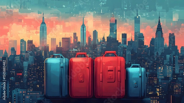 Fototapeta Colorful suitcases are positioned against a cityscape backdrop.
