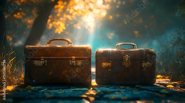 Fototapeta Two vintage suitcases on a stone path in an autumnal setting.