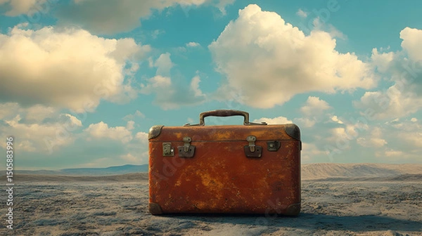 Fototapeta Aged suitcase rests on a dusty plain beneath a vast sky.