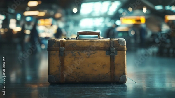 Fototapeta Aged suitcase in a busy airport terminal.