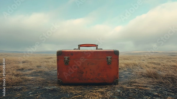 Fototapeta Rusty vintage suitcase on a vast plain.