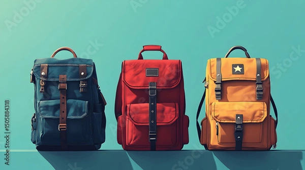 Fototapeta Three colorful backpacks arranged in a row.