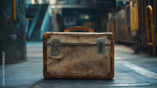 Fototapeta Aged suitcase rests on a dark surface.