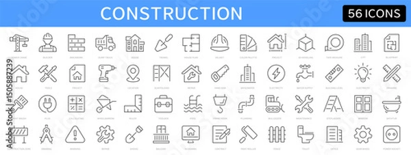 Obraz Construction thin line icons set. Builder, design, crane, construction, tools, house, repair, build icon. Editable stroke. Vector