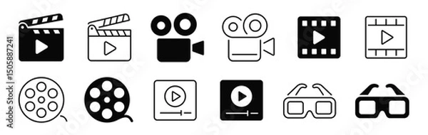 Obraz Cinema line and flat icons. Camera, film, clapper board, reel, player icon. Vector