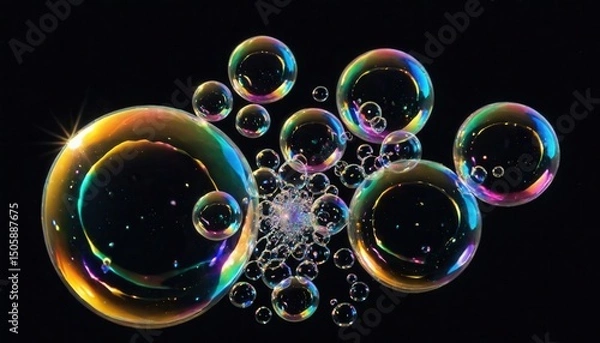 Fototapeta Captivating iridescent soap bubbles floating in the void showcase a spectrum of colors creating a mesmerizing and visually striking display of abstract art
