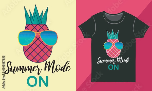 Fototapeta Summer Typography T-shirt with Hand-drawn Pineapple Illustration, Pineapple Vector for Fashion, Funny Summer Shirt, Colorful Pineapple Graphic for Print