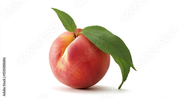 Fototapeta Peach, a realistic stock photo on a white background with no shadow or text in the middle of the picture. No other elements, just one peach with a leaf on top. The image is used for digital design and