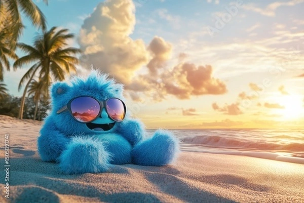 Fototapeta Blue furry creature wearing sunglasses sits on sandy beach, surrounded by palm trees, enjoying sunset view over ocean, evoking a sense of relaxation and joy in a tropical paradise