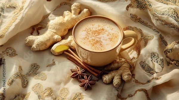 Fototapeta Warm cup of spiced ginger tea with cinnamon sticks, fresh ginger roots, and star anise on an elegant fabric background, creating a cozy and inviting atmosphere for relaxation