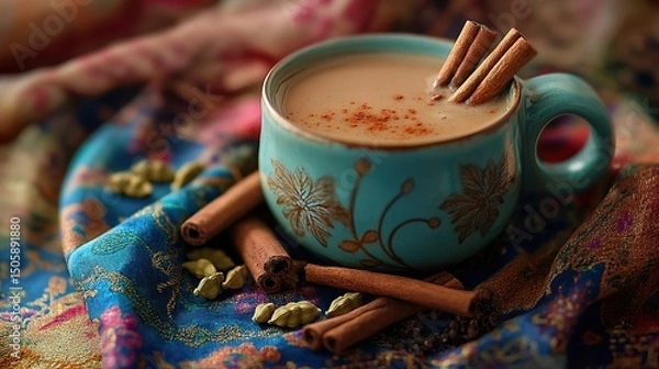 Fototapeta Warm cup of spiced tea with cinnamon sticks and cardamom pods on colorful fabric, showcasing rich textures and inviting ambiance for cozy moments and culinary experiences