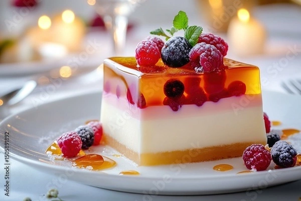 Fototapeta Colorful layered dessert with jelly, cream, and fresh berries served on a white plate, garnished with mint leaves, creating an inviting and delicious culinary experience
