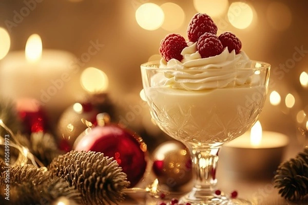 Fototapeta Dessert in elegant glass bowl topped with whipped cream and fresh raspberries, surrounded by festive decorations and soft glowing lights, creating a warm holiday atmosphere