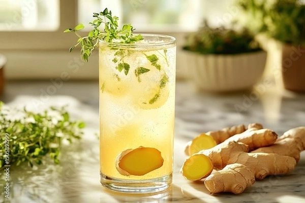 Fototapeta Refreshing beverage with ginger and herbs served in a tall glass, garnished with fresh mint leaves, surrounded by ginger roots and greenery, showcasing a vibrant drink experience