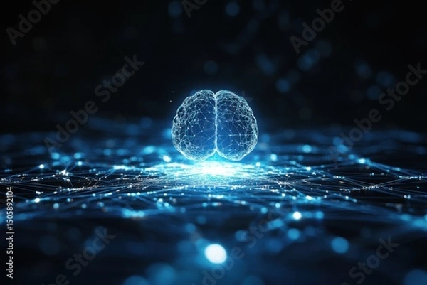 Fototapeta Futuristic digital brain illustration glowing in blue light, surrounded by interconnected nodes and lines, representing advanced technology and artificial intelligence concepts in a dark environment