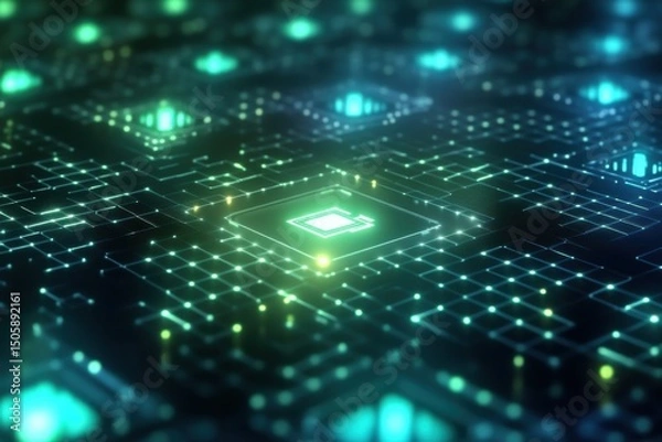 Fototapeta Abstract digital circuit board with glowing green elements and intricate patterns, showcasing technology and innovation in a futuristic design environment