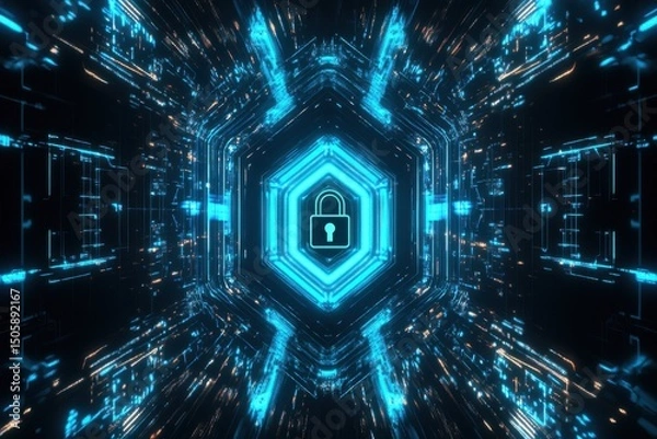 Fototapeta Futuristic digital illustration featuring a glowing padlock at the center, surrounded by vibrant blue and orange data streams, representing cybersecurity and data protection concepts