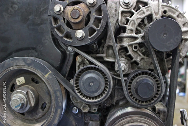 Obraz Overhaul of the timing belt mechanism of the gasoline engine on a workbench at a car shop. Dismantled from car engine on a checking stand for repair  