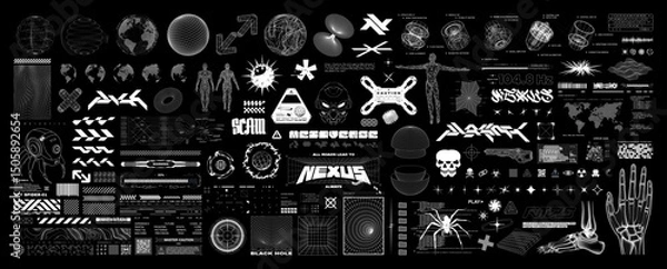 Fototapeta Retrofuturistic cyber aesthetic - 3D shapes, HUD, UI, cyberpunk elements, digital lettering. Y2K icons, 3D geometric shapes. Cyberpunk streetwear graphic pack for typography, clothes. Vector set