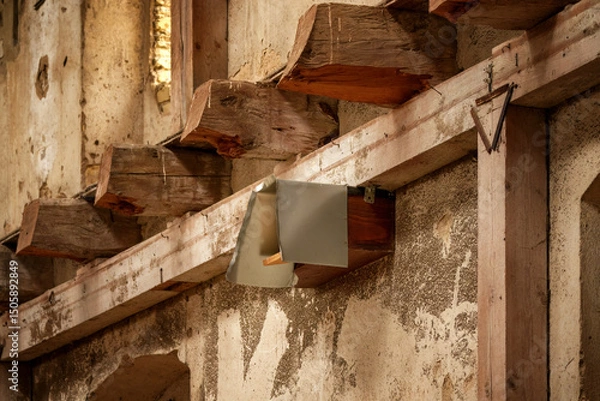 Fototapeta Little owl watching from stone wall at dusk
