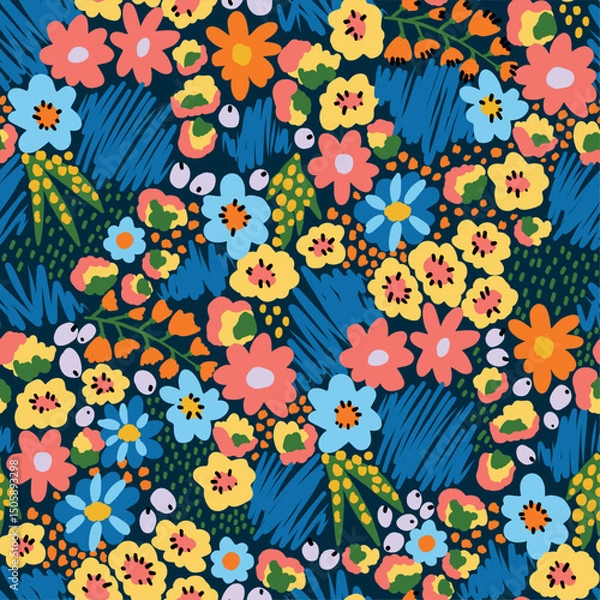 Obraz Seamless vector pattern with bright abstract flowers on a vibrant blue background. Eye-catching floral design perfect for fabric, wrapping paper, wallpaper, and bold modern decor projects.