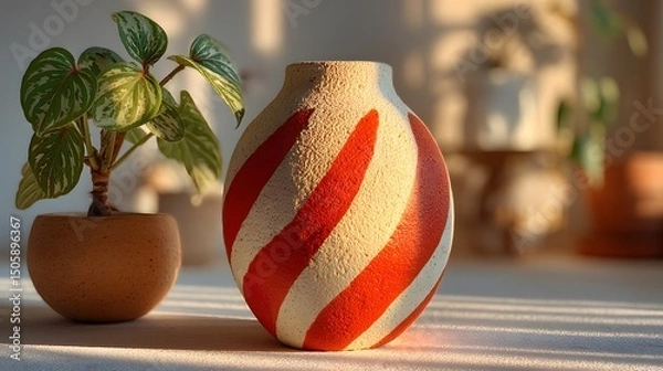 Fototapeta Still life of a peperomia plant in a pot and a vase with red stripes on a white surface in soft light