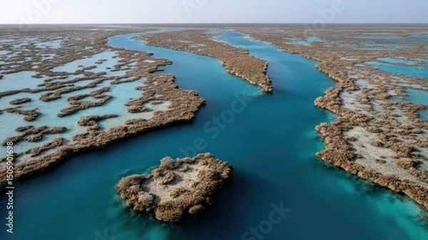 Fototapeta Stunning aerial view of the Great Barrier Reef in Australia showcasing vibrant coral formations and crystal-clear waters