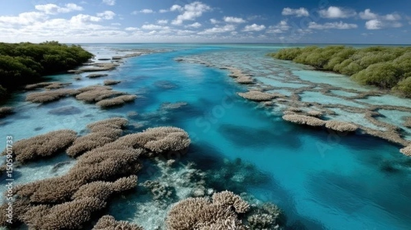Fototapeta Stunning aerial view of the Great Barrier Reef in Australia showcasing vibrant coral formations and crystal-clear waters