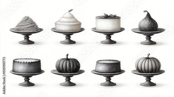 Fototapeta Elegant monochrome cakes and pastries on ornate stands
