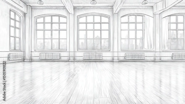 Fototapeta Empty loft space with large windows overlooking city