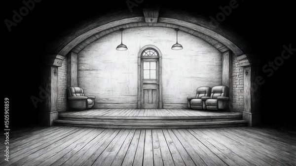 Fototapeta Empty, dimly lit room with arched ceiling and seating area