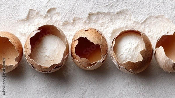 Fototapeta Empty egg shells, arranged on a white surface