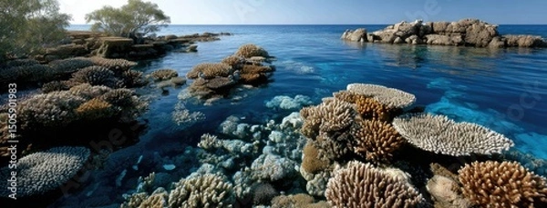 Fototapeta Vibrant coral reefs and serene islands create captivating views over the Great Barrier Reef in Australia during midday with clear blue waters and natural beauty