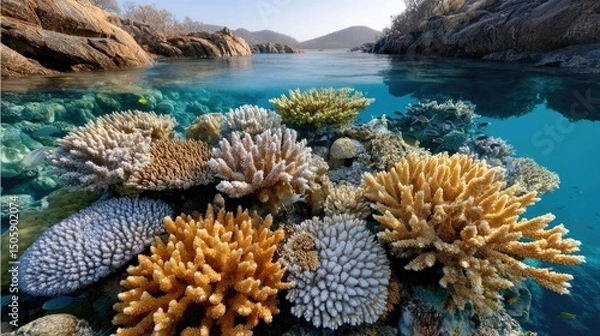 Fototapeta Vibrant coral reefs and serene islands create captivating views over the Great Barrier Reef in Australia during midday with clear blue waters and natural beauty