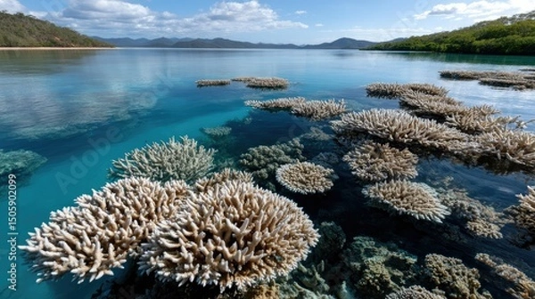 Fototapeta Vibrant coral reefs and serene islands create captivating views over the Great Barrier Reef in Australia during midday with clear blue waters and natural beauty