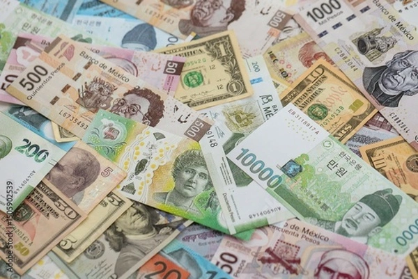 Obraz Big amount of money bills of different currencies and countries. Assortment background of international cash in big pile close up