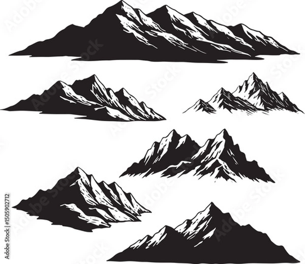 Fototapeta Mountain Silhouette Vector Set Black and White Hand-Drawn Peaks.