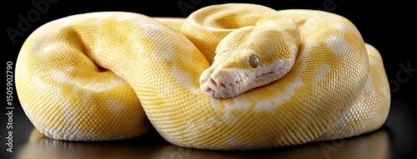 Fototapeta Yellow snake coiled up on a reflective black surface showcasing fine details in a hyper-realistic style