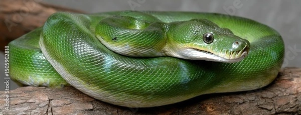 Fototapeta Coiled green snake resting elegantly on a cactus in a sunlit desert landscape surrounded by rocky terrain