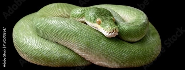 Fototapeta Coiled green snake resting elegantly on a cactus in a sunlit desert landscape surrounded by rocky terrain