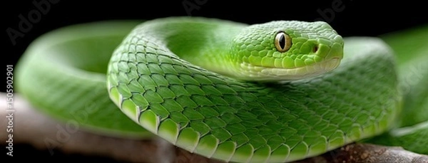 Fototapeta Coiled green snake resting elegantly on a cactus in a sunlit desert landscape surrounded by rocky terrain
