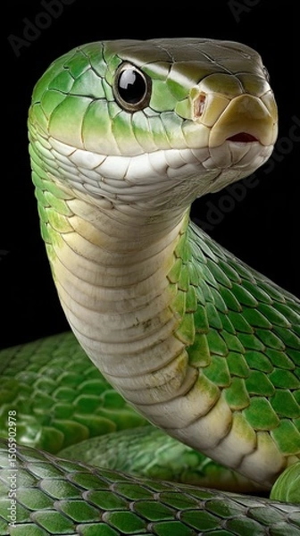 Fototapeta Coiled green snake resting elegantly on a cactus in a sunlit desert landscape surrounded by rocky terrain